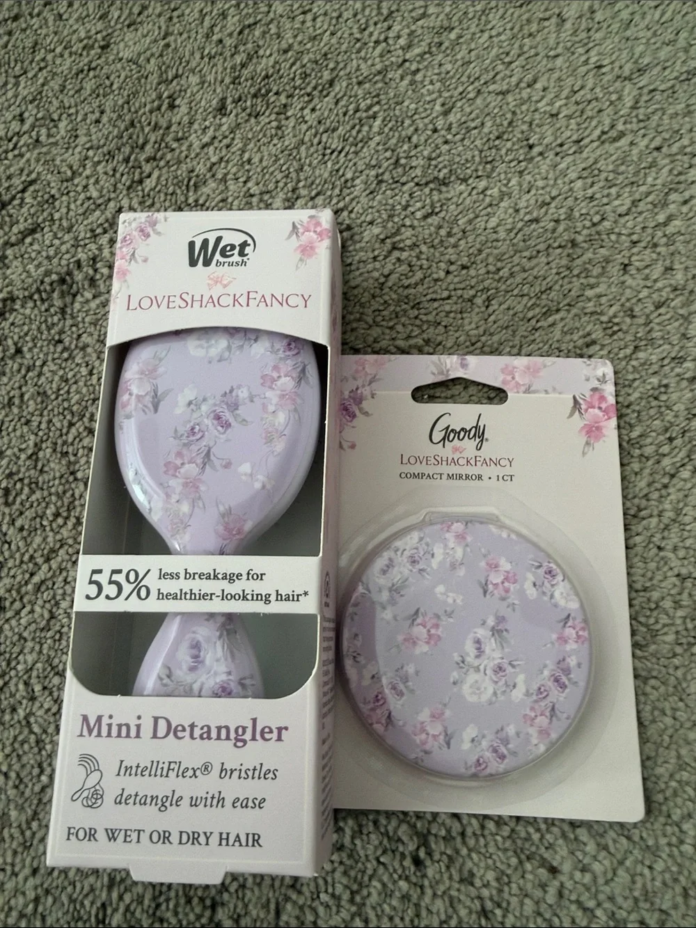 LoveShackFancy Lavender Floral Mini Detangler & Goody Compact Mirror